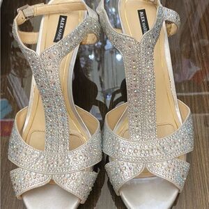 Alex Marie Women's Silver Sandals, Heels, Gianella, Jeweled Metallic Fabric